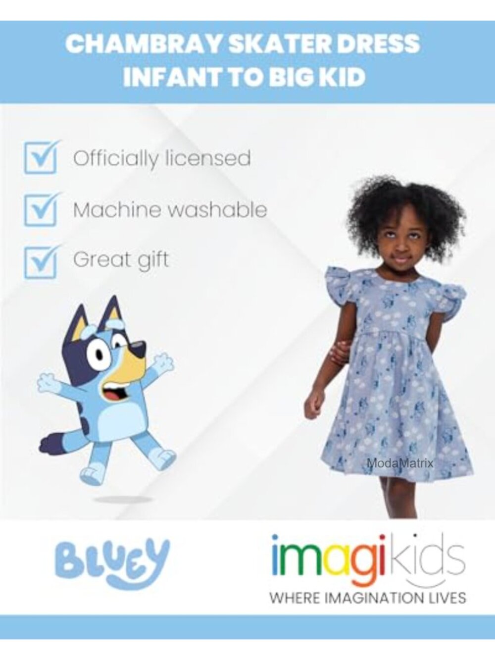 Bluey Floral Chambray Skater Dress, Short Sleeve, Pull-On, Kids - Picture 3 of 4